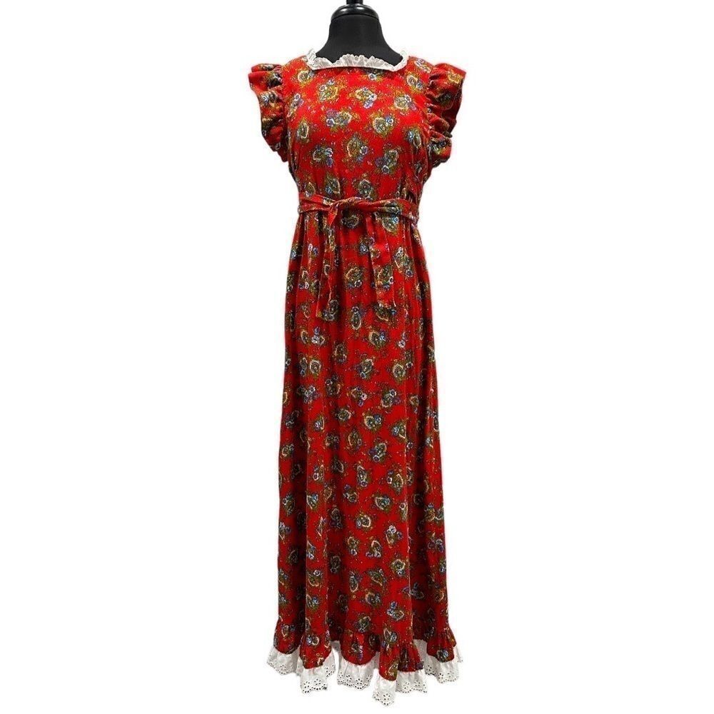 Vintage 1970s Handmade Floral Lace Prairie Maxi Dress Red Ruffle Sleeve Sz S - Picture 1 of 13